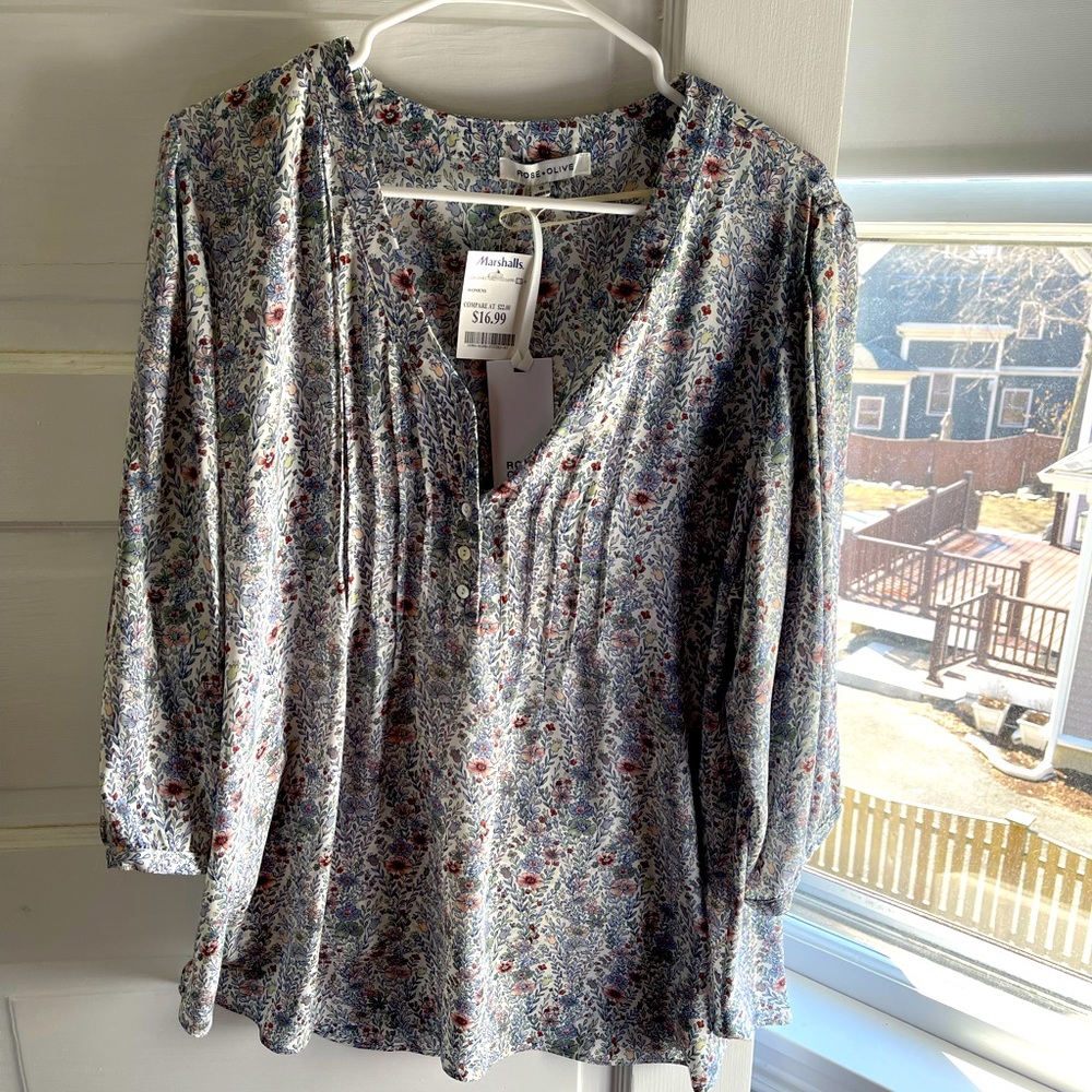 Rose and Olive Flower Print Blouse